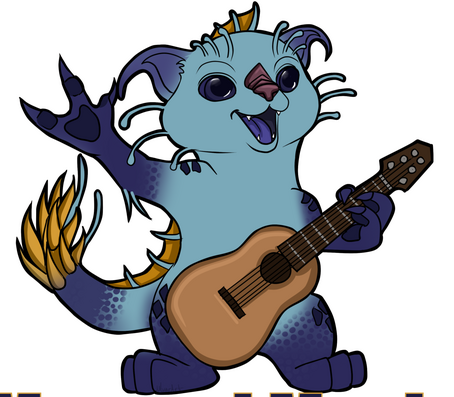 Carved wooden figure of a marsuul holding a guitar, from Marsuul Music Studios (made by Jack Skinner)